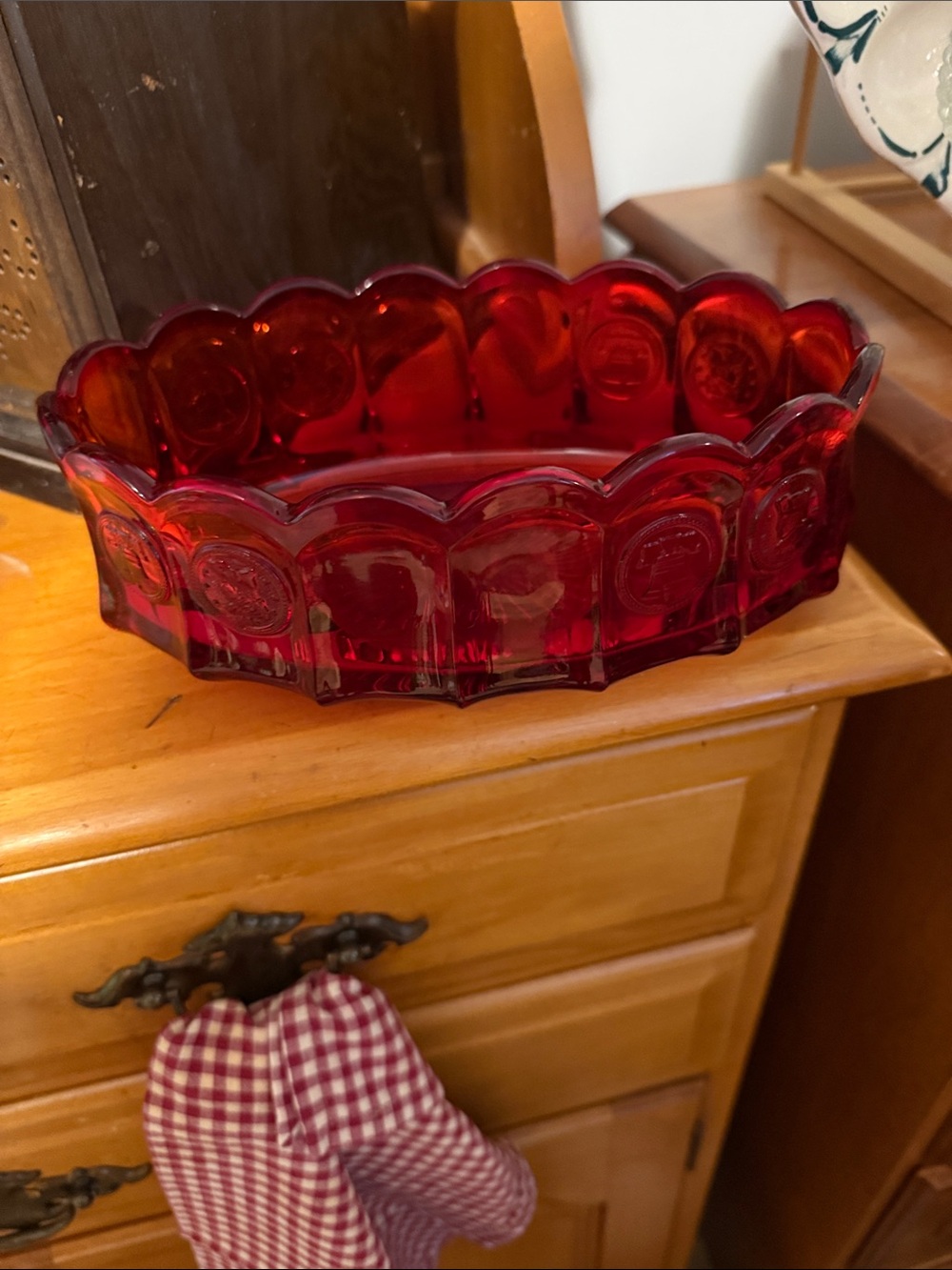 Vintage Fostoria Ruby Red Coin Glass Oval Bowl. No issues.
